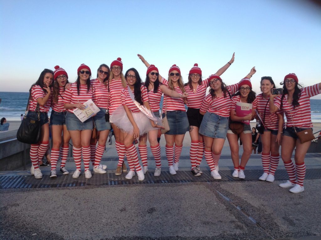 Manly hens party dressed in Where's Wally fancy dress theme.